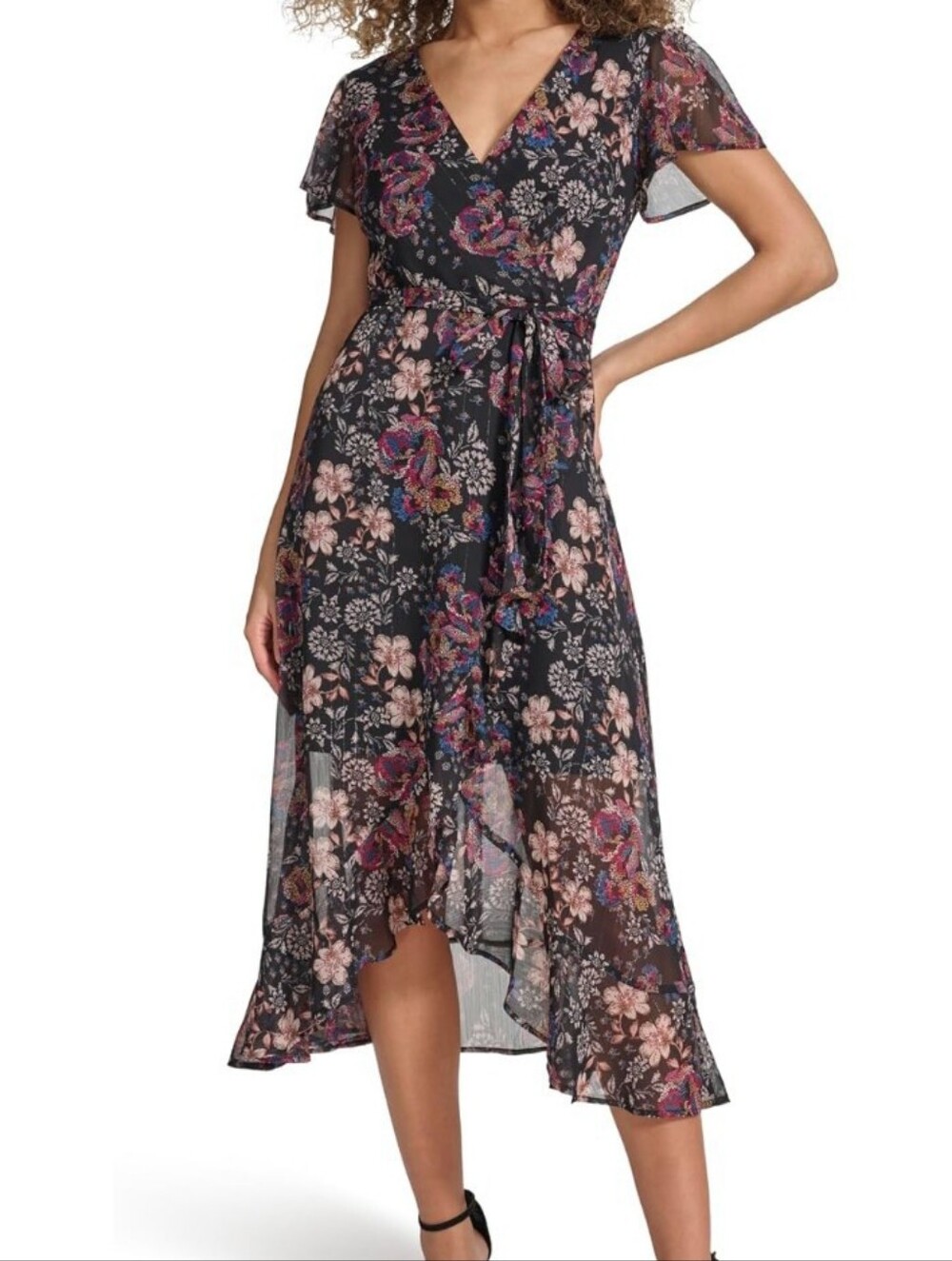 Kensie Faux Wrap Hi-Low Dress Ruffle Flutter Sleeve 12